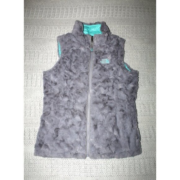 The North Face Reversible Girls Blue & Grey Vest Puffer Jacket Size LG Fluffy - Picture 6 of 11